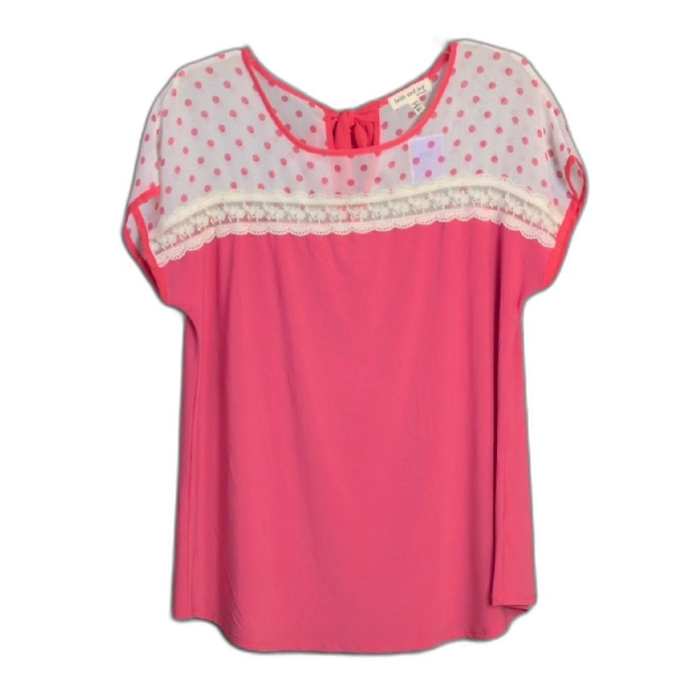 Faith And Joy Salmon Polka Dot Colorblock Bow Stretch Top Women's XL NWT